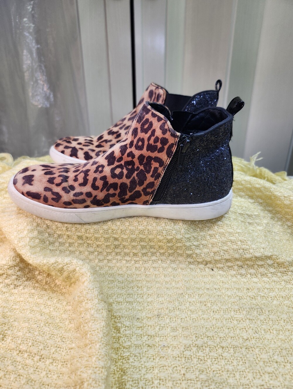 Steve Madden Leopard Print and Black Glitter Ankle Sneakers